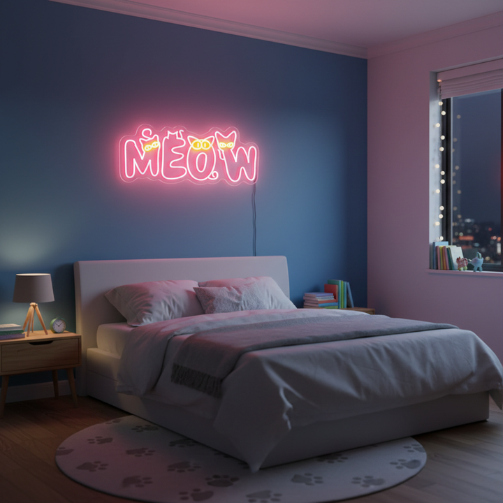 Meow Cat LED neon sign for kids by Neon.Shop glowing in a bedroom or nursery as cute and playful neon décor
