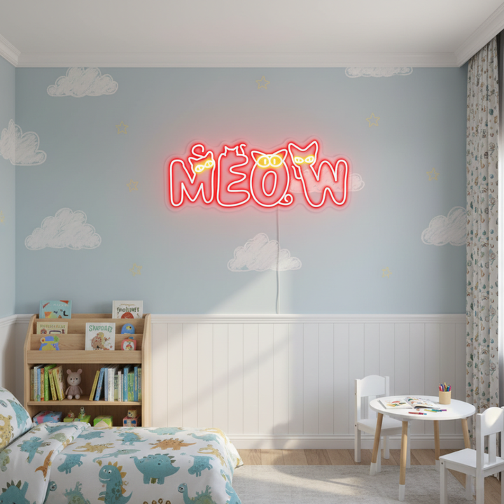 Meow Cat LED neon sign for kids by Neon.Shop glowing in a bedroom or nursery as cute and playful neon décor