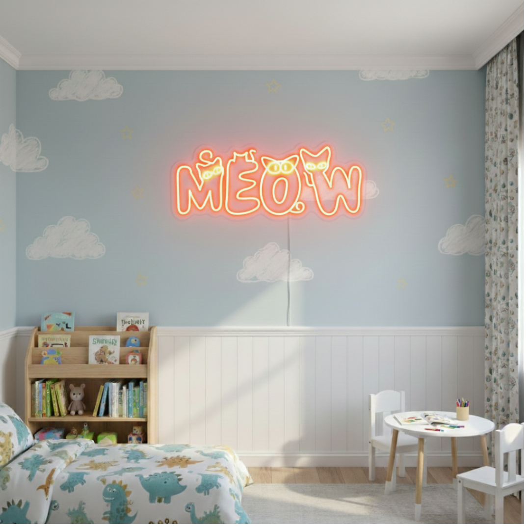 Meow Cat LED neon sign for kids by Neon.Shop glowing in a bedroom or nursery as cute and playful neon décor