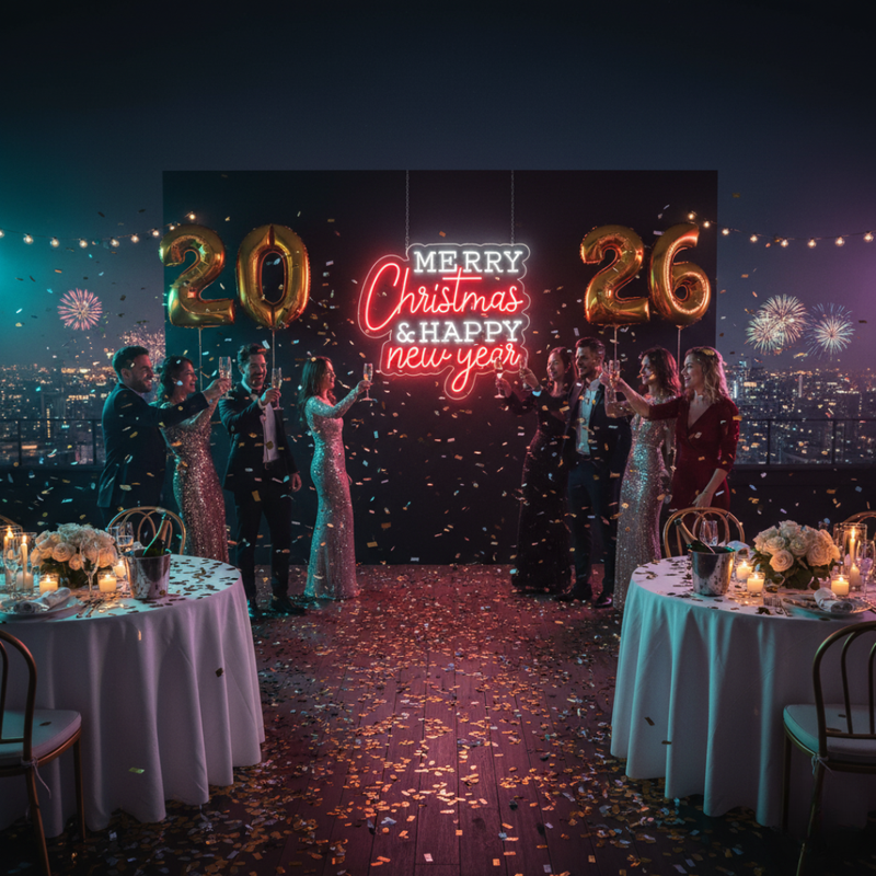 'Merry Christmas & Happy New Year' LED neon sign in a festive dual-color script by Neon.Shop.