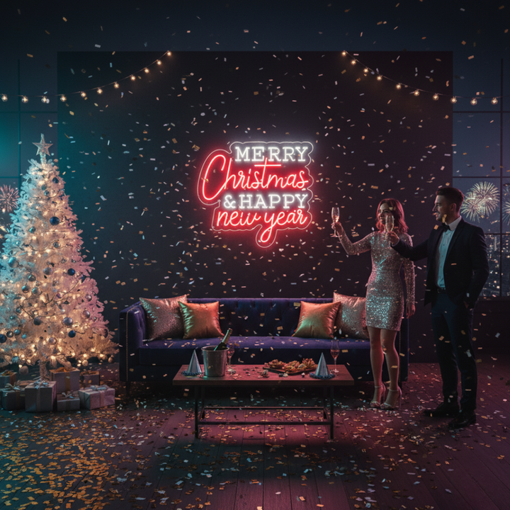 'Merry Christmas & Happy New Year' LED neon sign in a festive dual-color script by Neon.Shop.