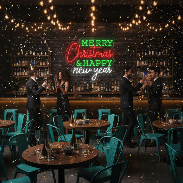 'Merry Christmas & Happy New Year' LED neon sign in a festive dual-color script by Neon.Shop.