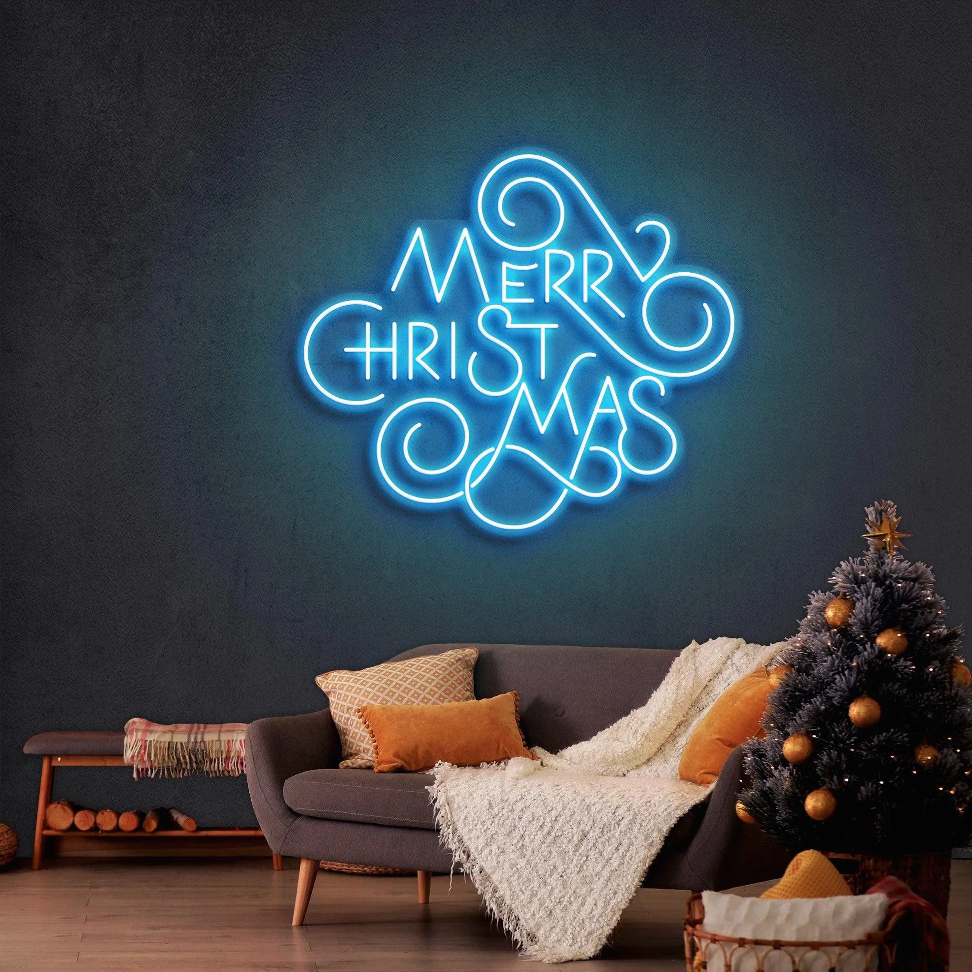 Merry Christmas Typo Neon Sign by Neon.Shop glowing in quirky vibrant LED colors for festive décor.