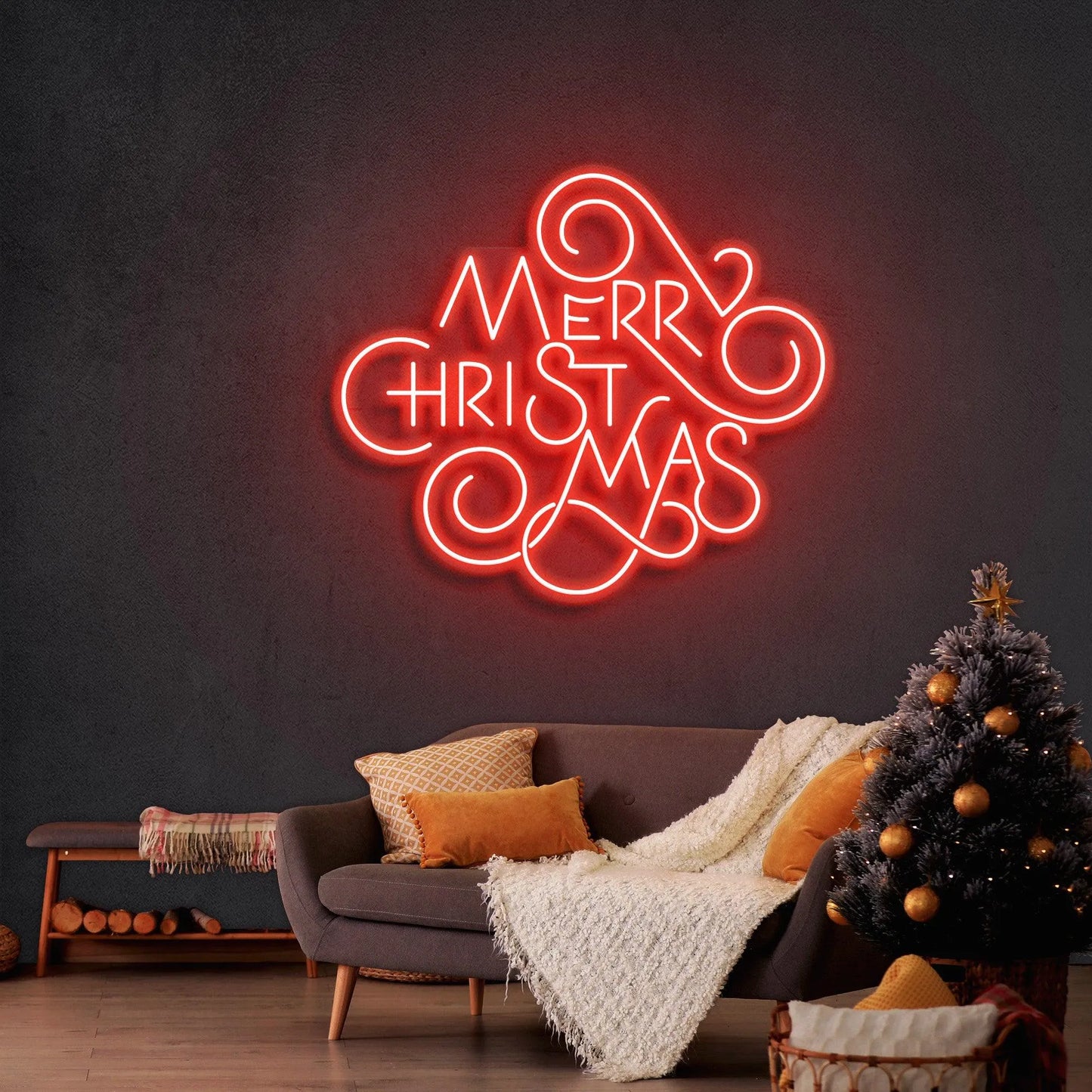 Merry Christmas Typo Neon Sign by Neon.Shop glowing in quirky vibrant LED colors for festive décor.
