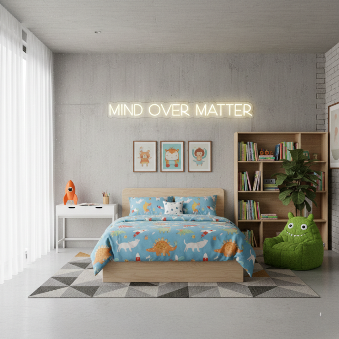 Mind Over Matter LED neon sign by Neon.Shop glowing on a wall as modern motivational neon décor