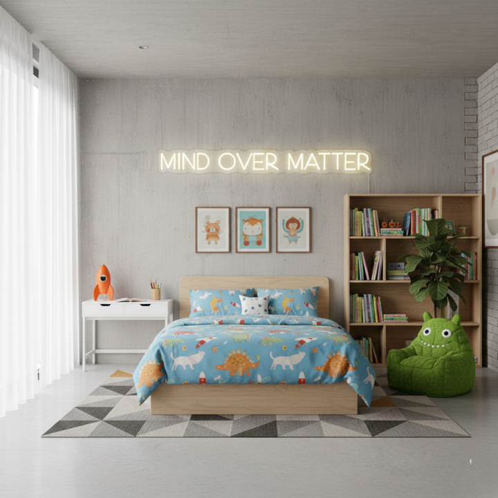 Mind Over Matter LED neon sign by Neon.Shop glowing on a wall as modern motivational neon décor