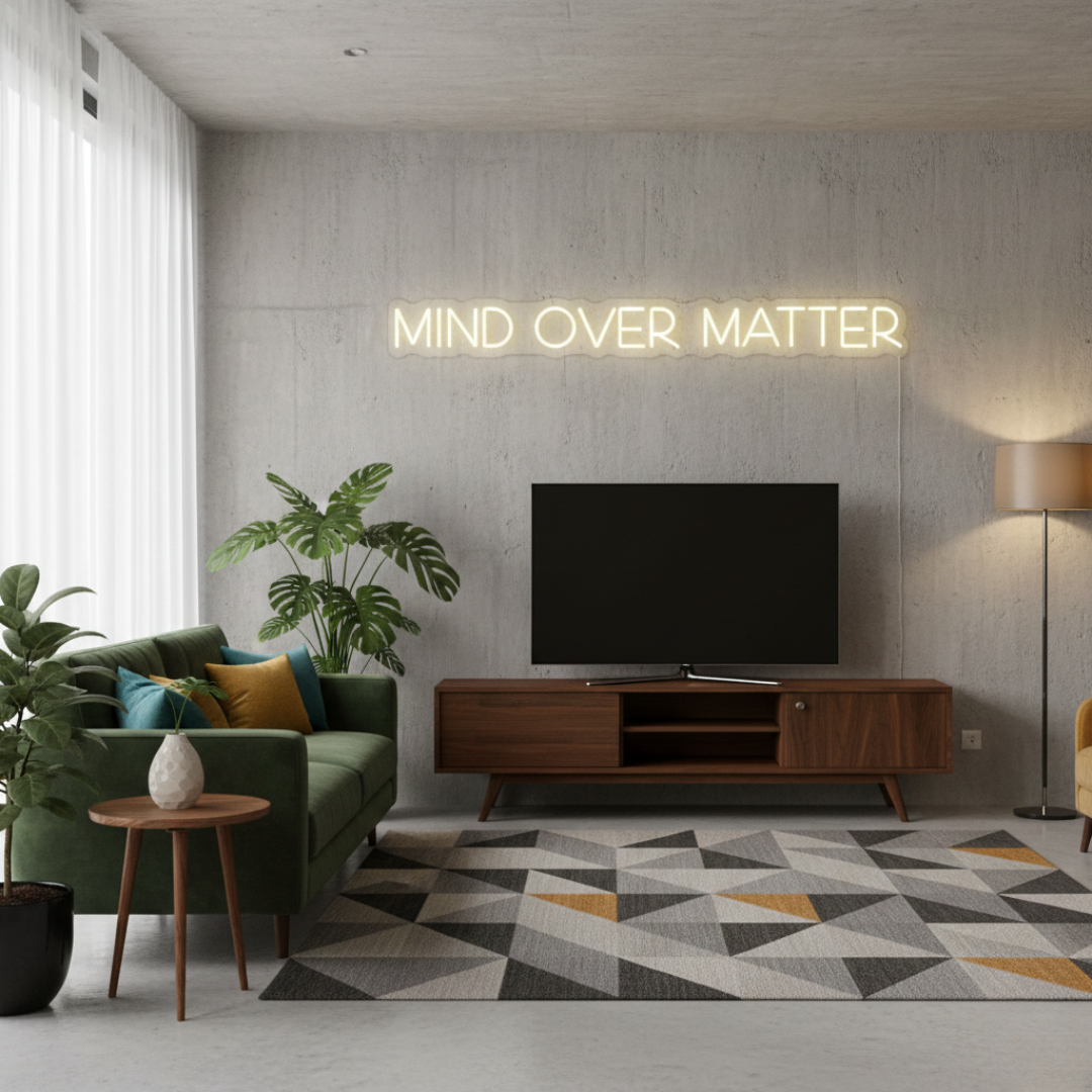 Mind Over Matter LED neon sign by Neon.Shop glowing on a wall as modern motivational neon décor