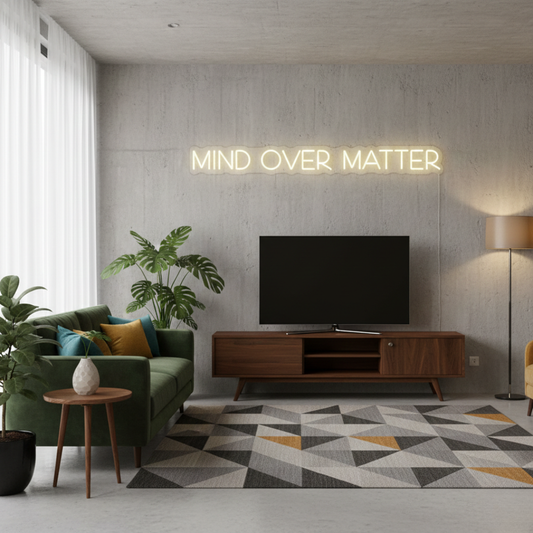 Mind Over Matter LED neon sign by Neon.Shop glowing on a wall as modern motivational neon décor