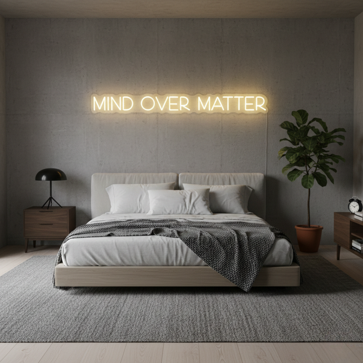 Mind Over Matter LED neon sign by Neon.Shop glowing on a wall as modern motivational neon décor