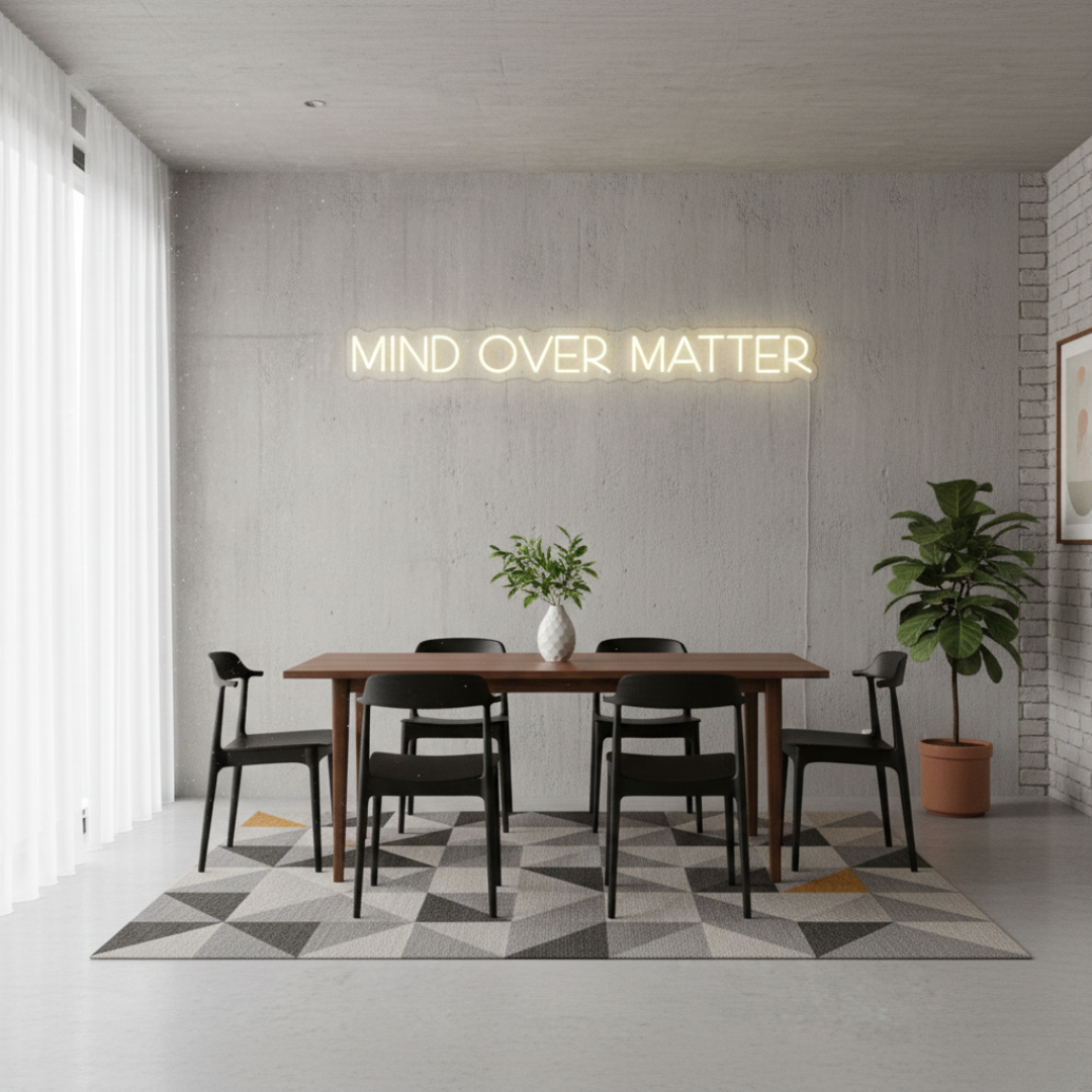 Mind Over Matter LED neon sign by Neon.Shop glowing on a wall as modern motivational neon décor
