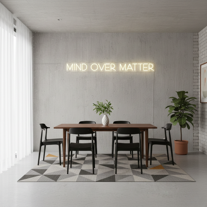 Mind Over Matter LED neon sign by Neon.Shop glowing on a wall as modern motivational neon décor