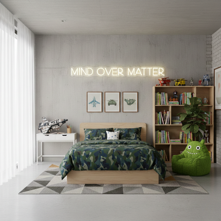 Mind Over Matter LED neon sign by Neon.Shop glowing on a wall as modern motivational neon décor