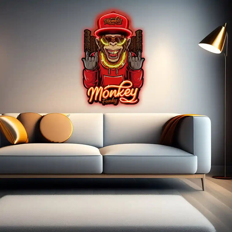 Monkey Gold Chain UV Art LED neon sign with playful monkey design and gold chain glowing in vibrant colors by Neon.Shop