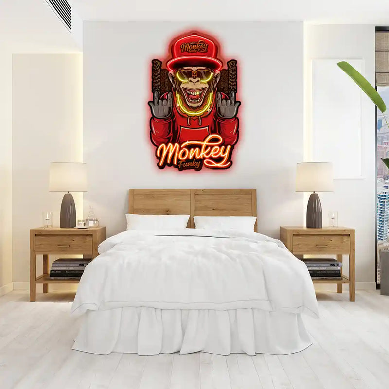 Monkey Gold Chain UV Art LED neon sign with playful monkey design and gold chain glowing in vibrant colors by Neon.Shop