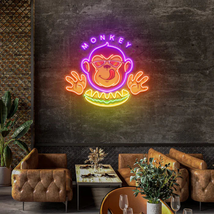 Monkey Logo Hotdog UV Art LED neon sign with playful monkey holding hotdog illustration glowing in vibrant colors by Neon.Shop