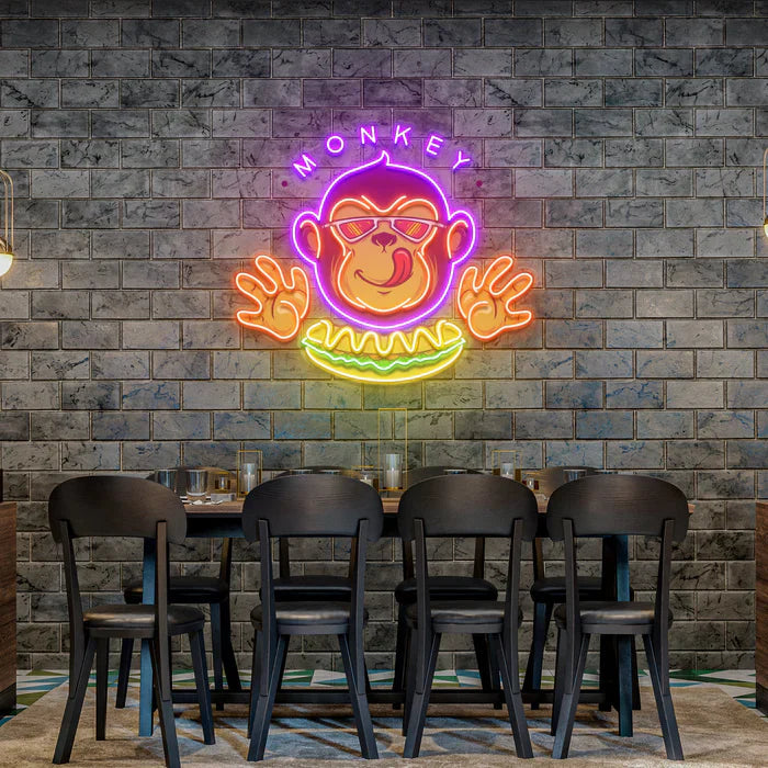 Monkey Logo Hotdog UV Art LED neon sign with playful monkey holding hotdog illustration glowing in vibrant colors by Neon.Shop