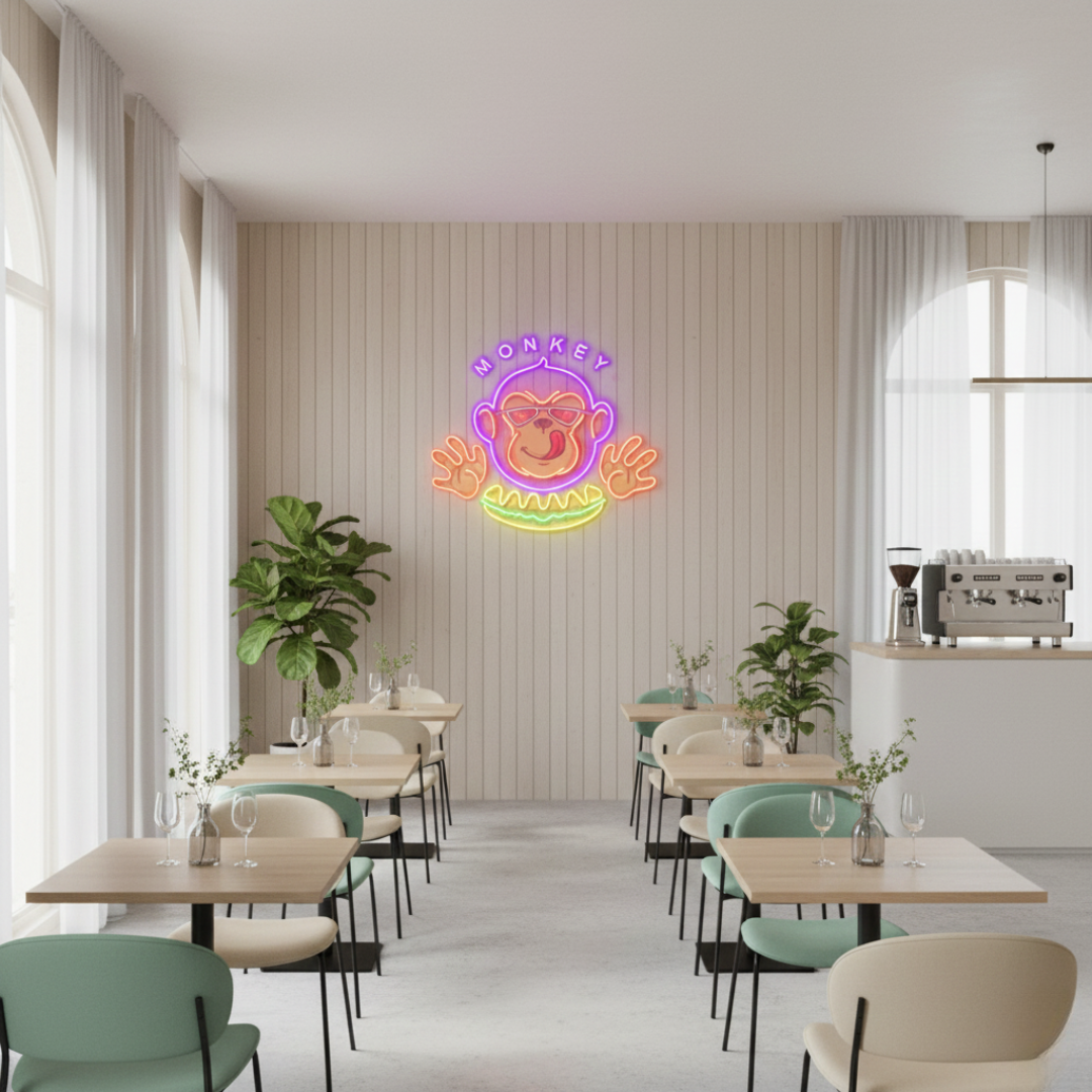 Monkey Logo Hotdog UV Art LED neon sign with playful monkey holding hotdog illustration glowing in vibrant colors by Neon.Shop