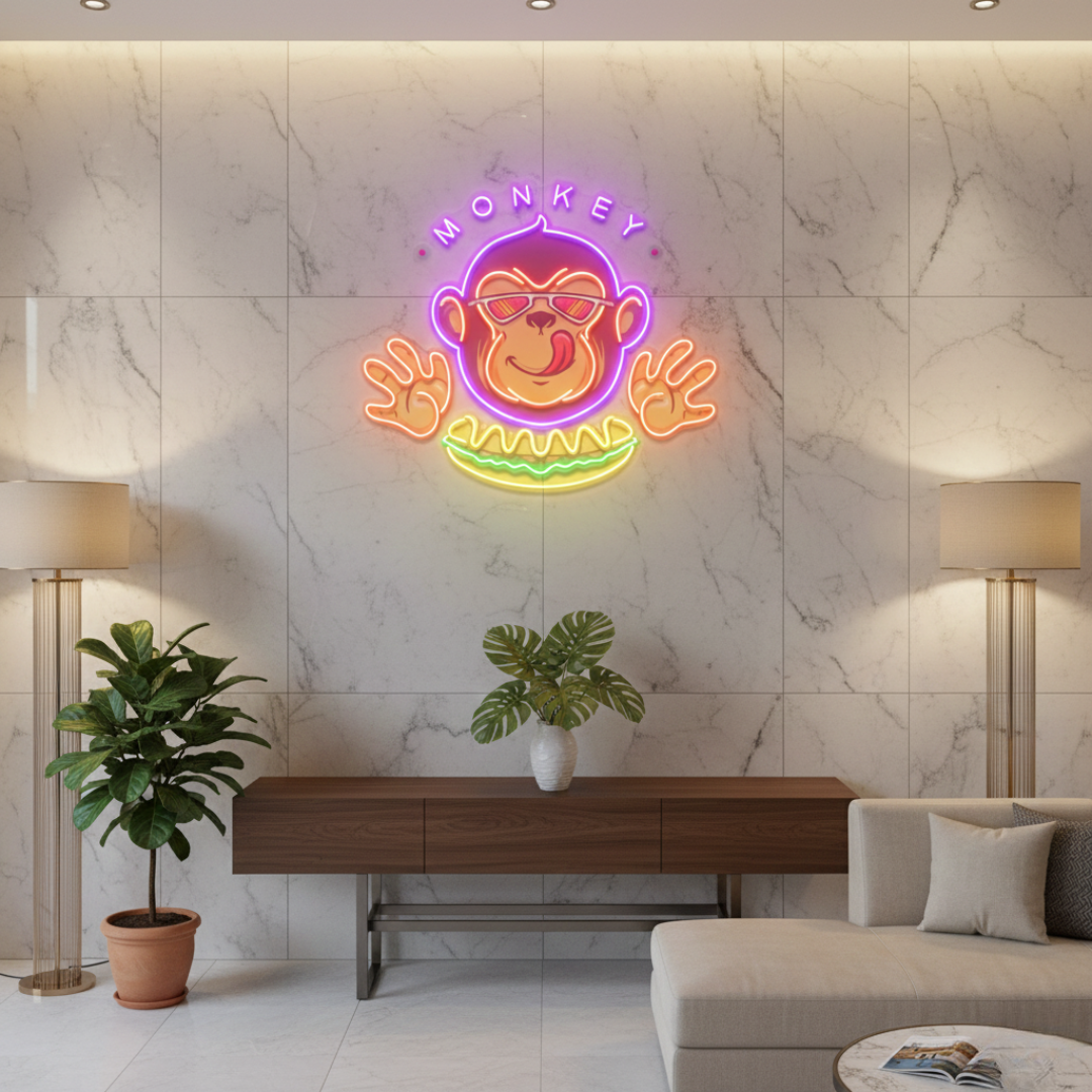 Monkey Logo Hotdog UV Art LED neon sign with playful monkey holding hotdog illustration glowing in vibrant colors by Neon.Shop