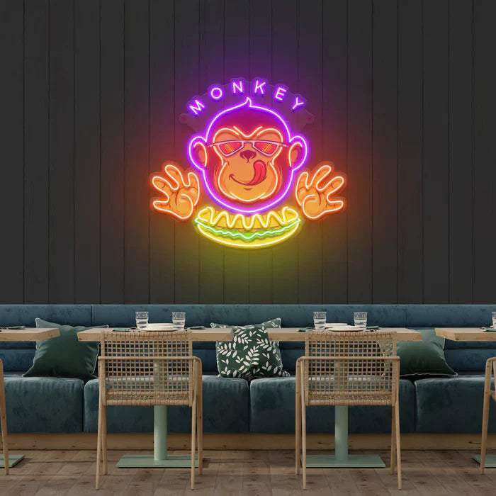 Monkey Logo Hotdog UV Art LED neon sign with playful monkey holding hotdog illustration glowing in vibrant colors by Neon.Shop