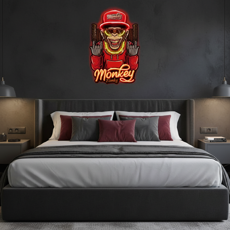 Monkey Gold Chain UV Art LED neon sign with playful monkey design and gold chain glowing in vibrant colors by Neon.Shop