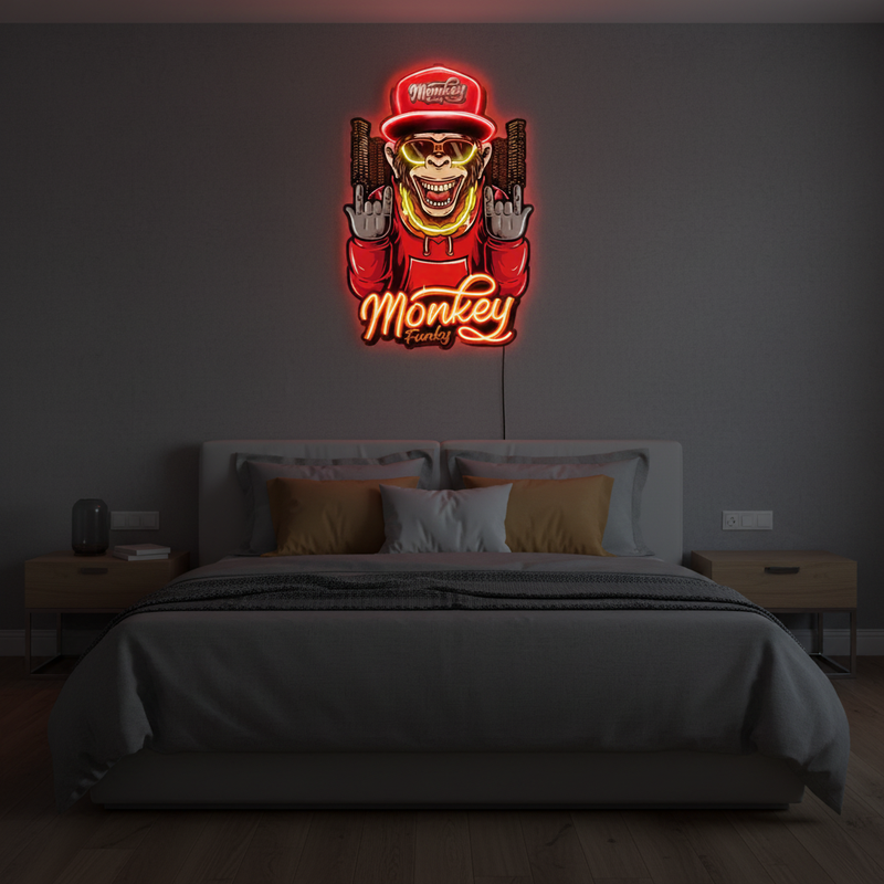 Monkey Gold Chain UV Art LED neon sign with playful monkey design and gold chain glowing in vibrant colors by Neon.Shop