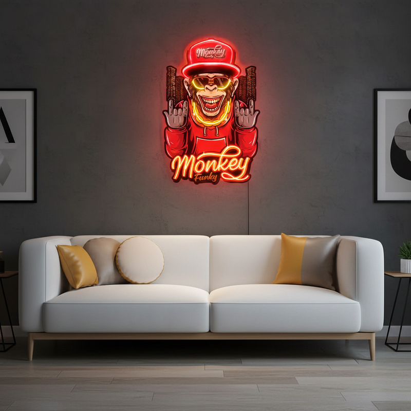 Monkey Gold Chain UV Art LED neon sign with playful monkey design and gold chain glowing in vibrant colors by Neon.Shop