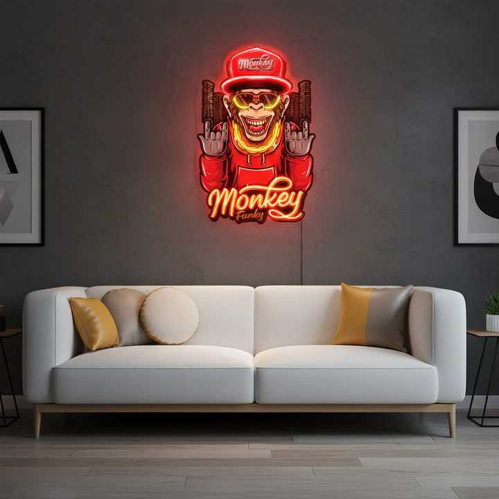 Monkey Gold Chain UV Art LED neon sign with playful monkey design and gold chain glowing in vibrant colors by Neon.Shop