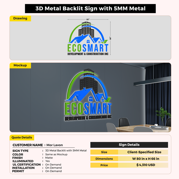 3D Metal Backlit with 5MM Metal Sign For Mor Lavon