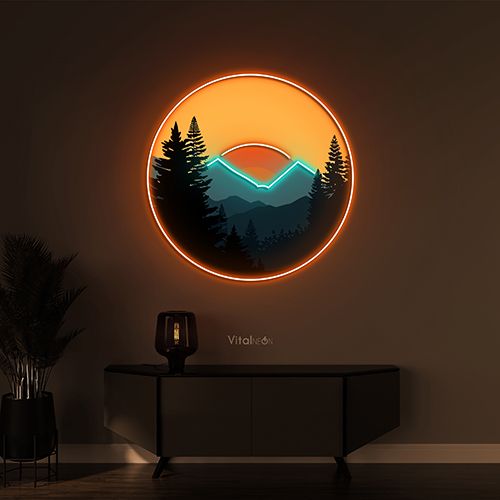 Mountain Sunset UV printed LED neon sign by Neon.Shop glowing on a wall as modern nature-inspired neon décor
