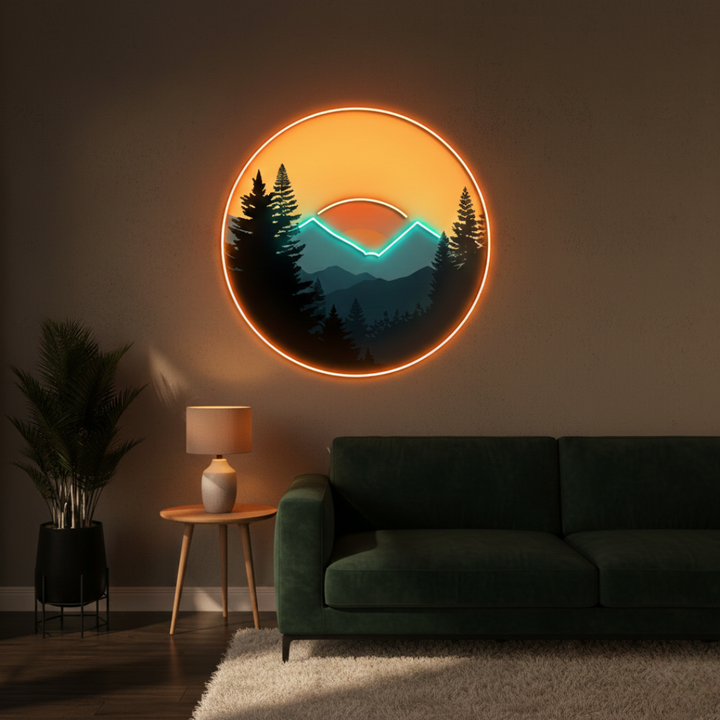 Mountain Sunset UV printed LED neon sign by Neon.Shop glowing on a wall as modern nature-inspired neon décor