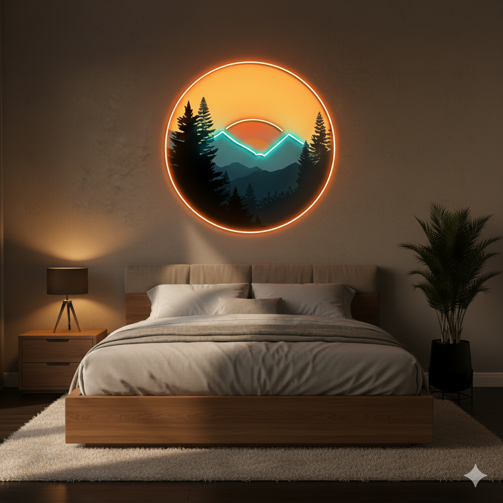 Mountain Sunset UV printed LED neon sign by Neon.Shop glowing on a wall as modern nature-inspired neon décor