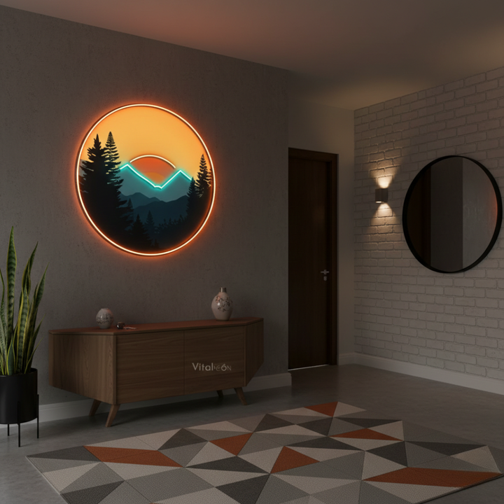 Mountain Sunset UV printed LED neon sign by Neon.Shop glowing on a wall as modern nature-inspired neon décor