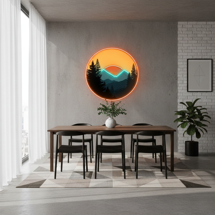 Mountain Sunset UV printed LED neon sign by Neon.Shop glowing on a wall as modern nature-inspired neon décor