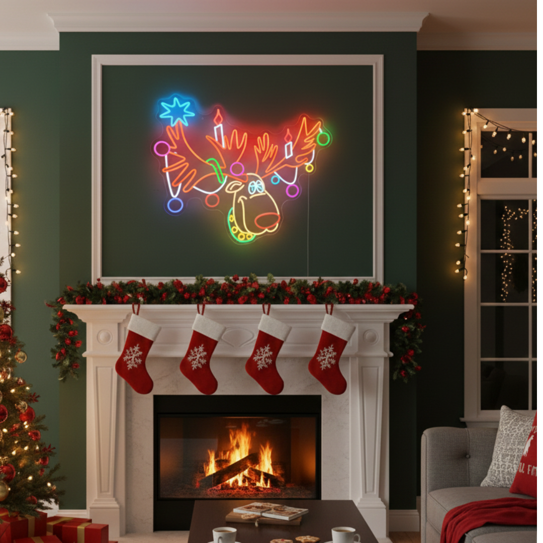 Multicolor Reindeer Merry Christmas LED neon sign glowing in festive colors by Neon.Shop.