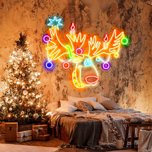 Multicolor Reindeer Merry Christmas LED neon sign glowing in festive colors by Neon.Shop.
