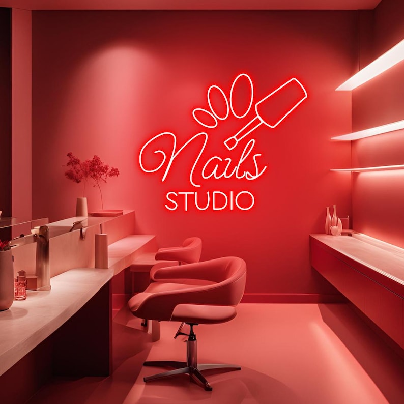 Nails Studio neon sign by Neon.Shop illuminating a beauty studio storefront