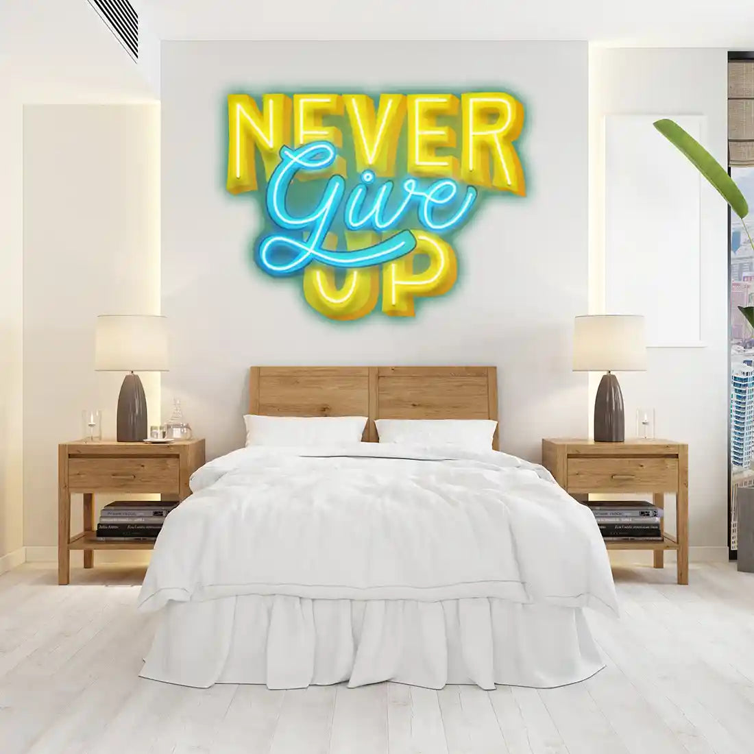 Never Give Up UV Art LED Neon Sign in blue and yellow colour by Neon.Shop