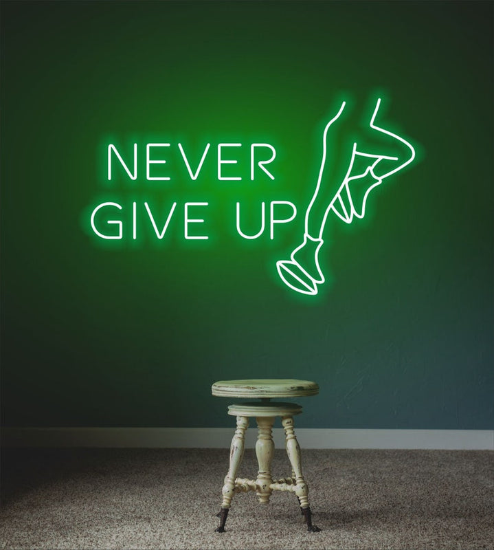 Never Give Up” glowing neon sign, encouraging persistence and determination for home, gym, or workspace décor by Neon.Shop.