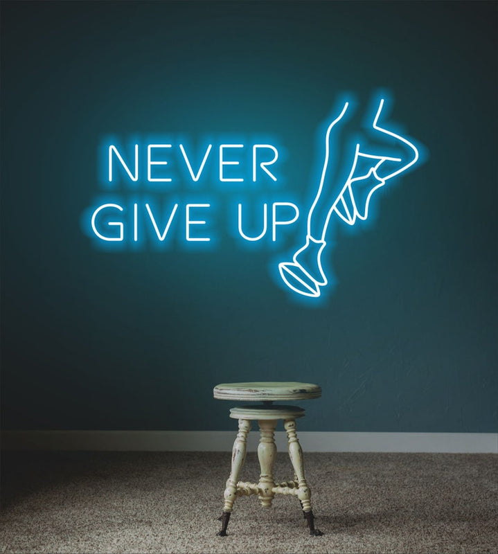 Never Give Up” glowing neon sign, encouraging persistence and determination for home, gym, or workspace décor by Neon.Shop.