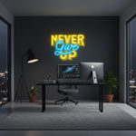 Never Give Up UV Art LED Neon Sign in blue and yellow colour by Neon.Shop