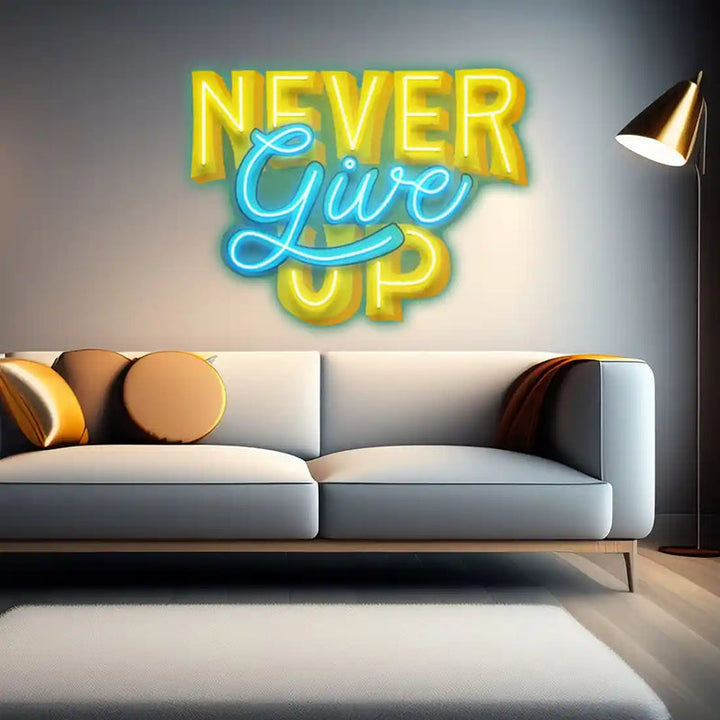 Never Give Up UV Art LED neon sign with bold motivational design glowing in vibrant colors by Neon.Shop
