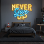 Never Give Up UV Art LED Neon Sign in blue and yellow colour by Neon.Shop