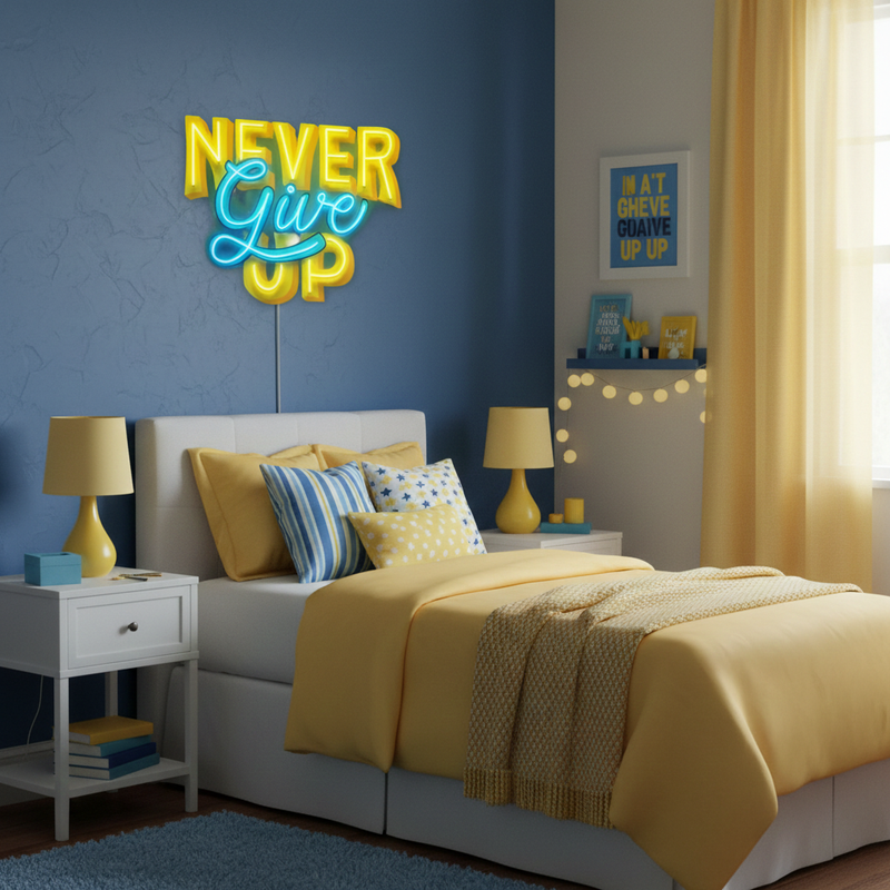 Never Give Up UV Art LED neon sign with bold motivational design glowing in vibrant colors by Neon.Shop