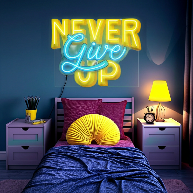 Never Give Up UV Art LED neon sign with bold motivational design glowing in vibrant colors by Neon.Shop