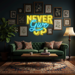 Never Give Up UV Art LED Neon Sign in blue and yellow colour by Neon.Shop