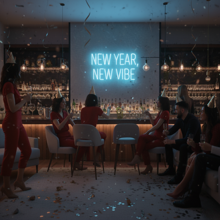 New Year New Vibe Neon Sign glowing in bright LED from Neon.Shop