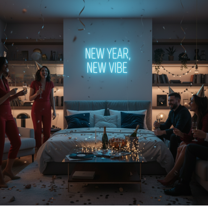 New Year New Vibe Neon Sign glowing in bright LED from Neon.Shop