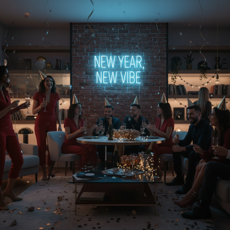 New Year New Vibe Neon Sign glowing in bright LED from Neon.Shop