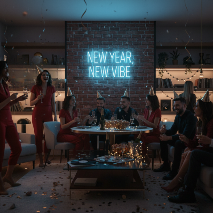 New Year New Vibe Neon Sign glowing in bright LED from Neon.Shop