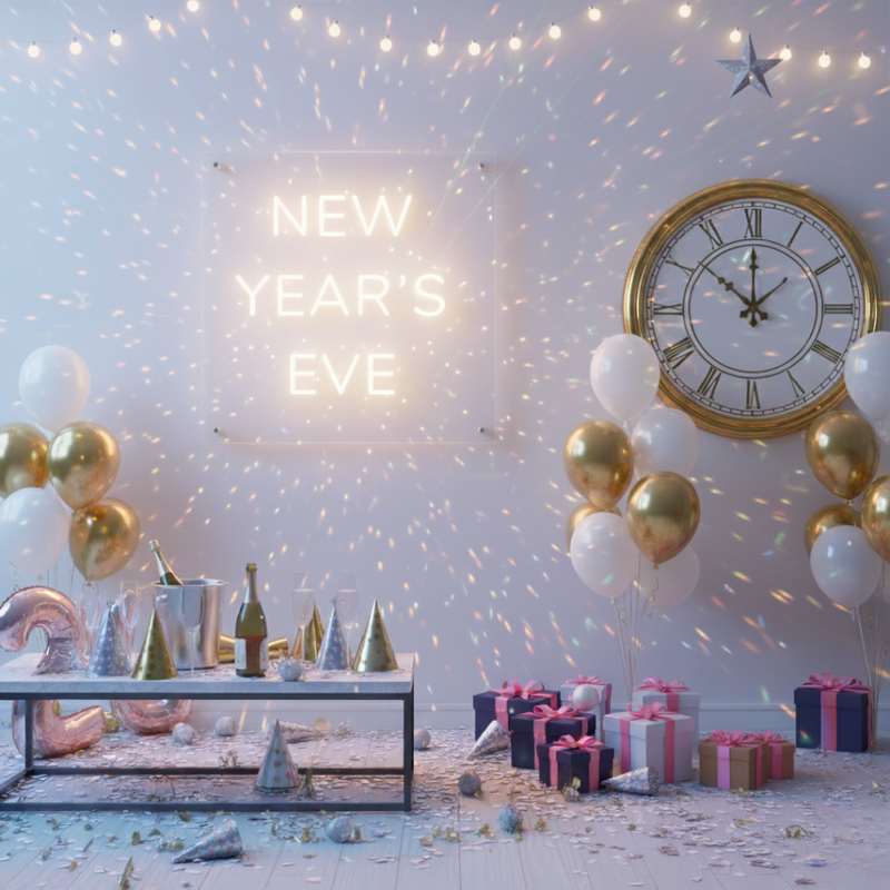New Year's Eve' neon sign in a modern, bold font glowing in electric white by Neon.Shop.